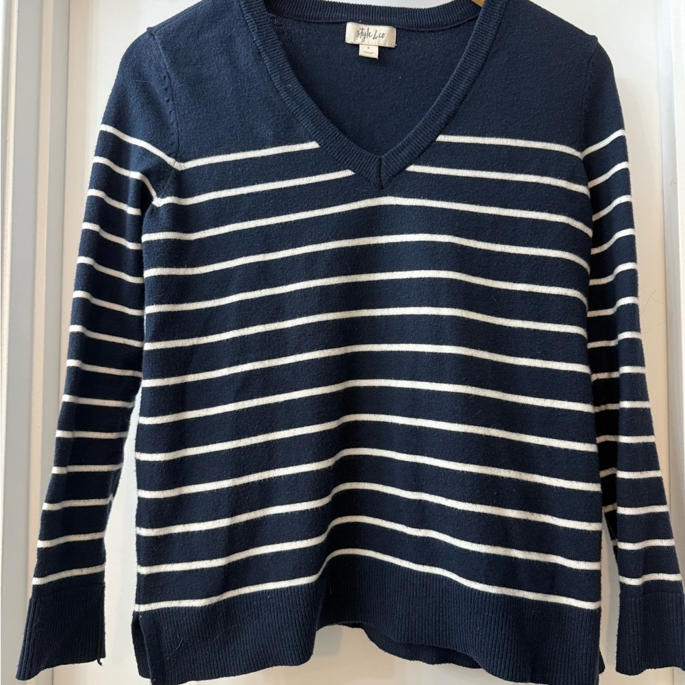 Style & Co. Blue and White V-Neck Sweater Nautical Stripes